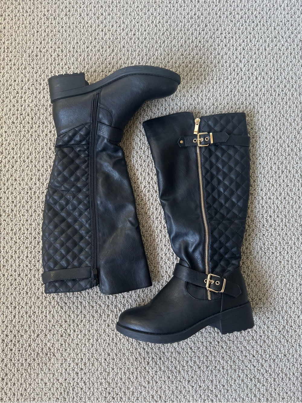 Black Quilted Knee-High Boots with Gold Zip and Buckle